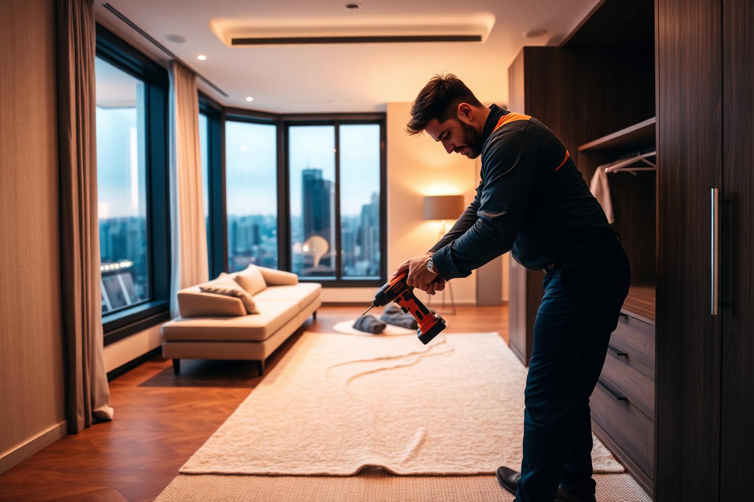Montador de móveis profissional trabalhando em apartamento em São Paulo